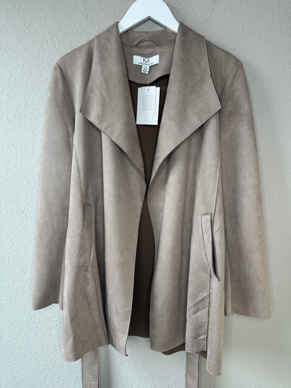 Magaschoni Women's Belted Faux‎ Leather Suede Hip Length Trench Coat Size Large - Picture 3 of 13